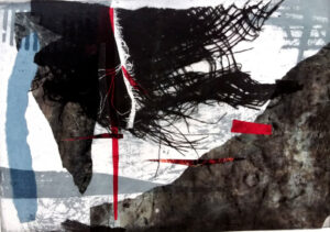 Unruhige Zeit, 2018 | 2-Farben-Tiefdruck mit Collage | 28 x 40cm