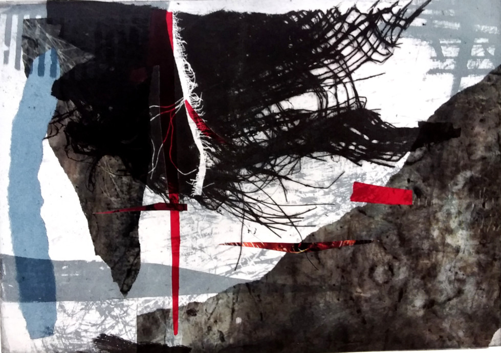 Unruhige Zeit, 2018 | 2-Farben-Tiefdruck mit Collage | 28 x 40cm